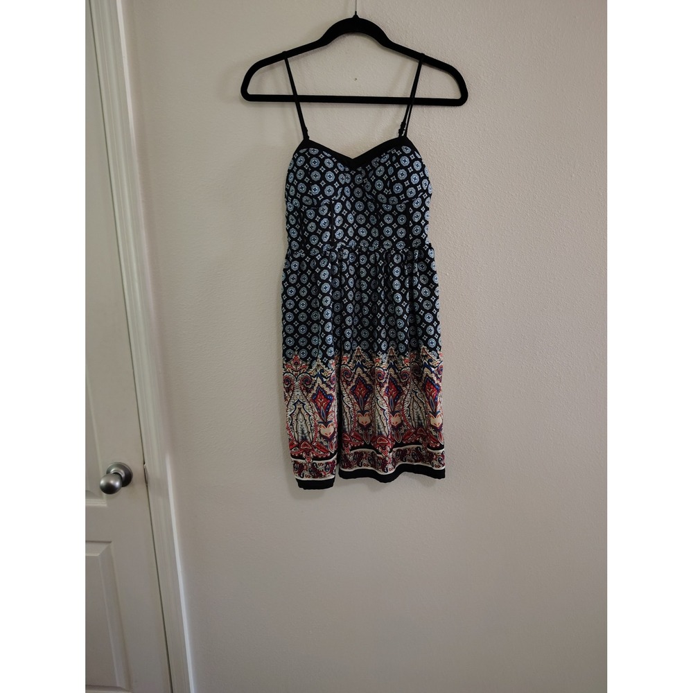 Xhilaration Womens Boho‎ Paisley Geometric Smocked Back Mini Sundress Blue Red S